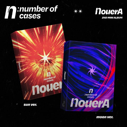 Two album covers for 'n: number of cases' and 'nouerA' with vibrant designs on a black background.