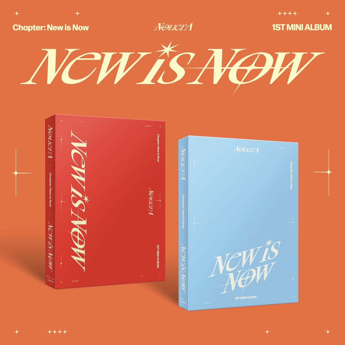 Two versions of a mini album titled 'NEW IS NOW' by NouerA, one in red and one in blue packaging, against an orange background.