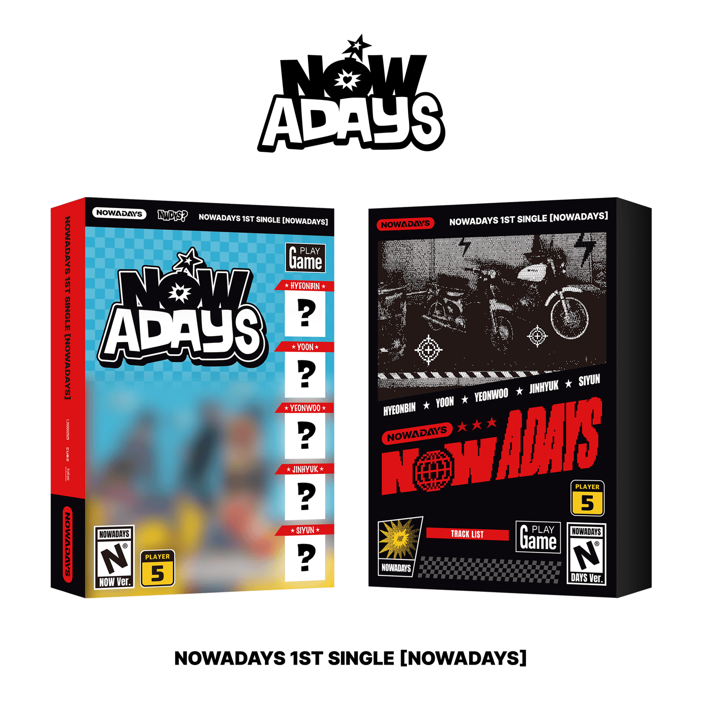 Album covers for NOWADAYS 1st Single Album with a checkered background and the text 'NOWADAYS' along with images representing the band and the album's name.