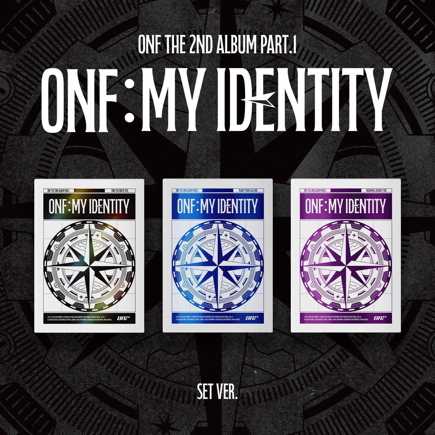 The image shows three versions of the ONF second album Part.1 titled 'ONF:MY IDENTITY', with different color schemes on the album covers.