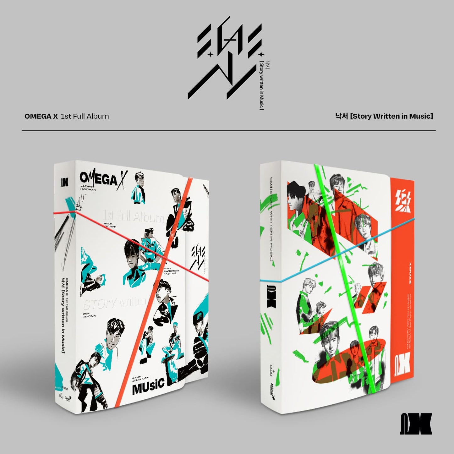 Two album covers for OMEGA X's 1st full album on a gray background