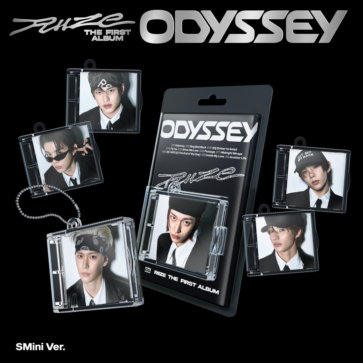 Packaging of 'ODYSSEY' album with multiple card holders featuring a RIIZE member on a black background.
