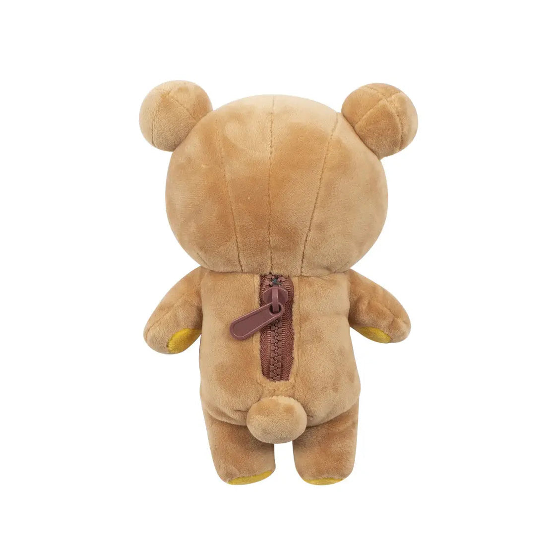 Back view of a brown teddy bear with a zipper on a white background