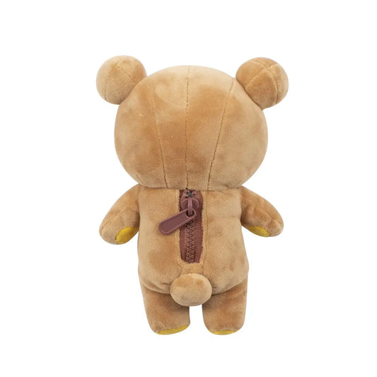 Back view of a brown teddy bear with a zipper on a white background