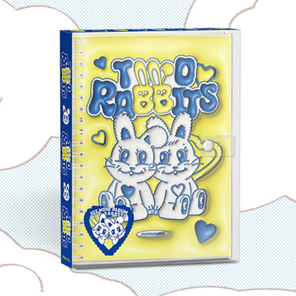 A CD album cover featuring illustrations of two cartoon rabbits with hearts around them, on a yellow background with blue and white accents.