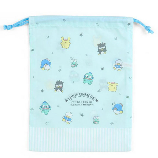 Light blue drawstring bag with cartoon character patterns on a white background