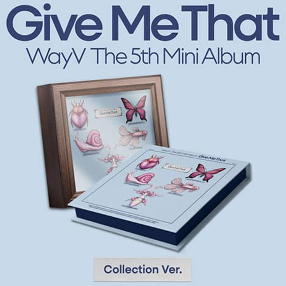 WayV The 5th Mini album packaging with illustrations on a light blue background