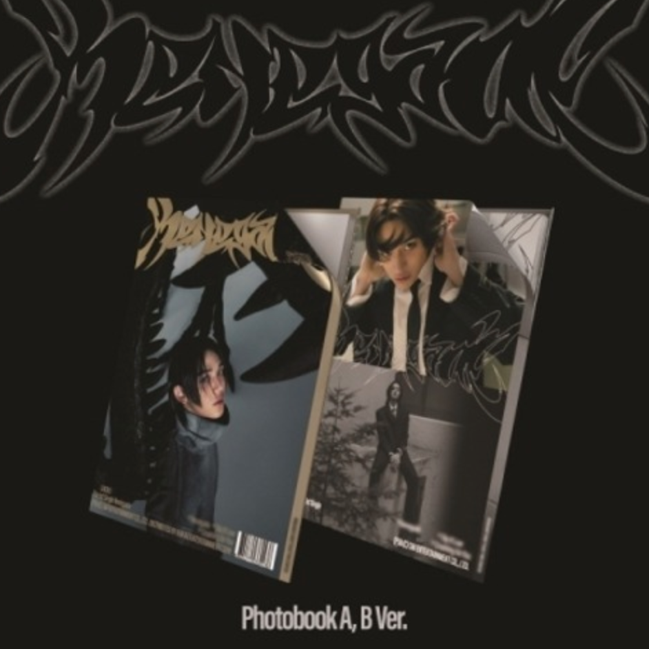 Two photobooks with a person on a black background with decorative elements.