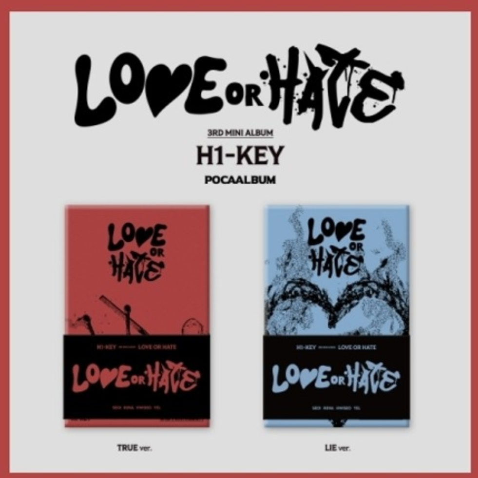Two covers for the album 'LOVE OR HATE' by HI-KEY, featuring different colors and designs.