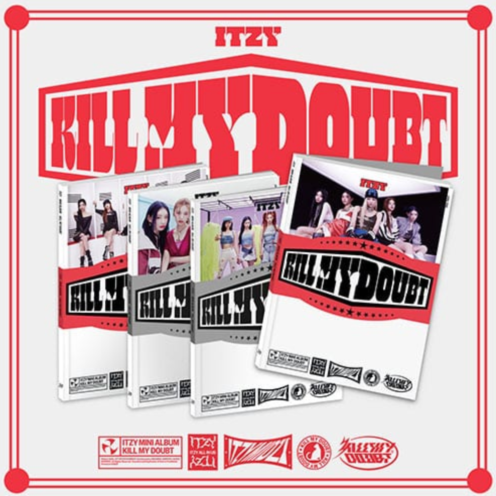 A set of four CDs for the album 'KILL MY DOUBT' by ITZY, displayed in a fan-shaped arrangement with the band's logo and the album title prominently featured.
