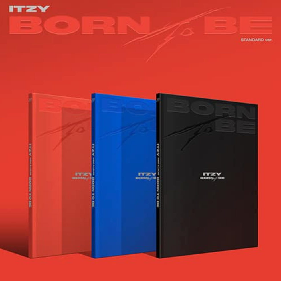 Three copies of the ITZY album 'BORN TO BE' in different colors: red, blue, and black, displayed in a fan-like arrangement against a red background.