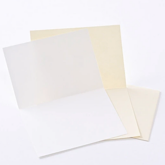 Three sheets of cream-colored paper on a white background