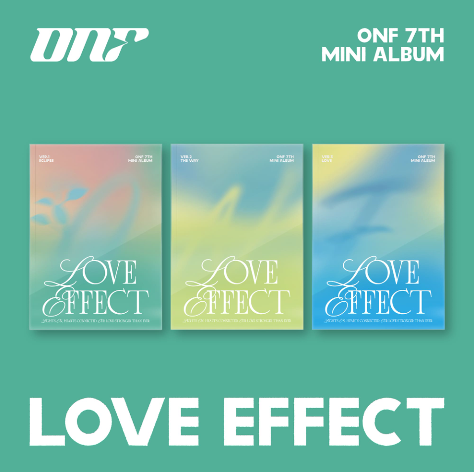 Album cover for ONF 7th Mini Album 'LOVE EFFECT' with three different colors and designs.