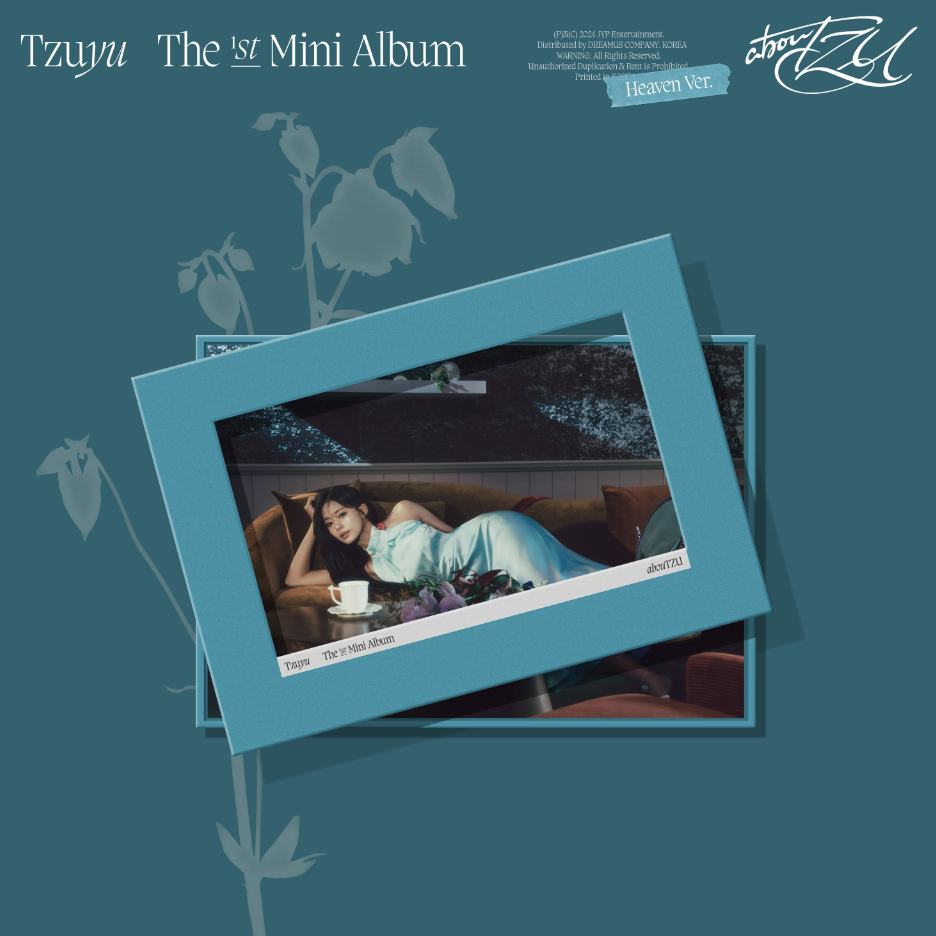 Album cover with a person on a couch, framed by decorative elements on a blue background