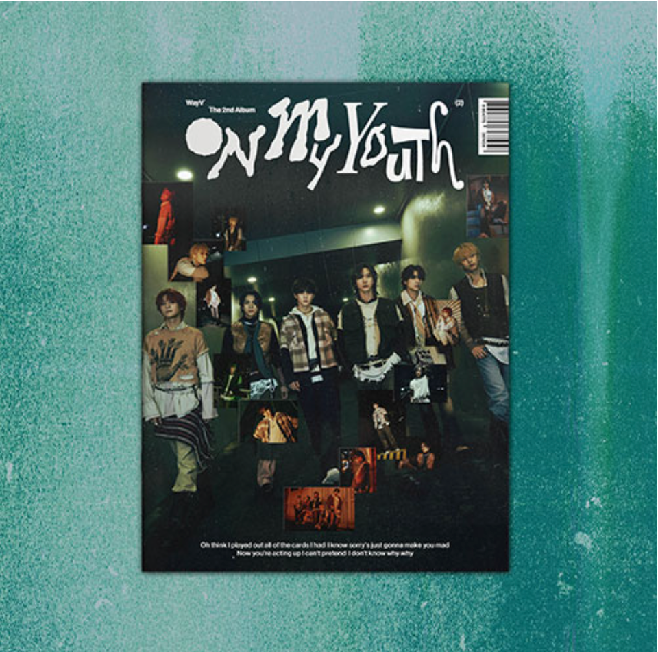 Album cover for WayV 2nd Full Album 'On My Youth' featuring members of the K-pop group in various poses.