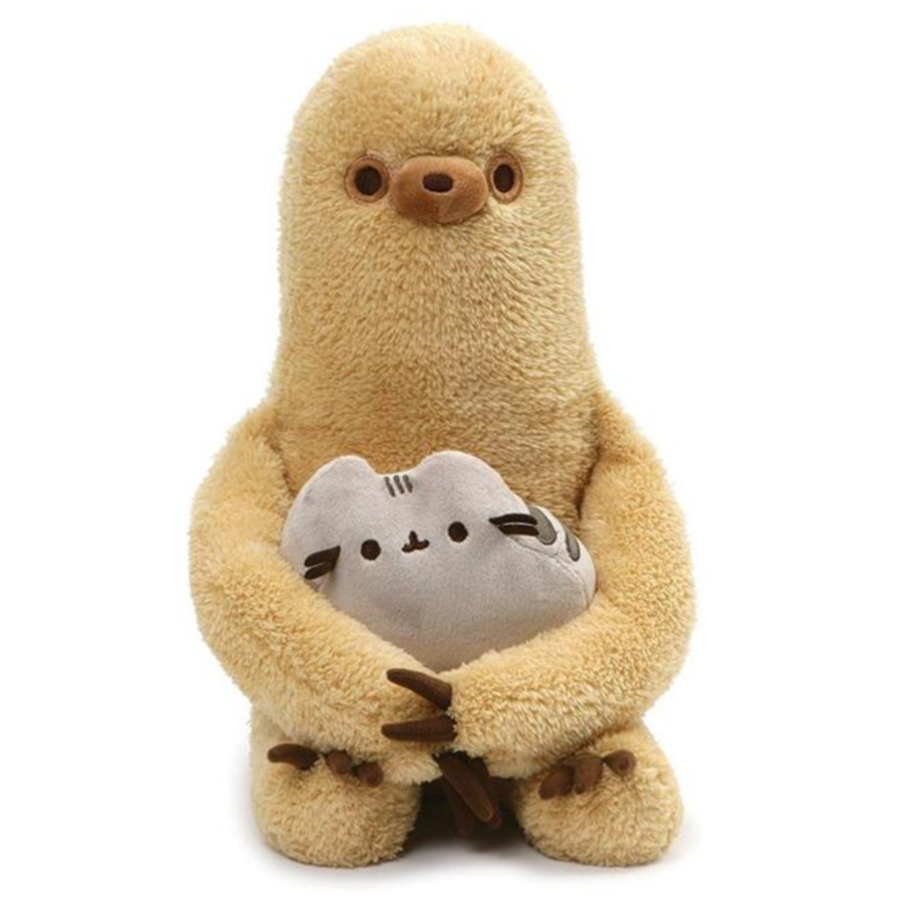 Plush toy sloth holding a gray cat plush toy on a white background