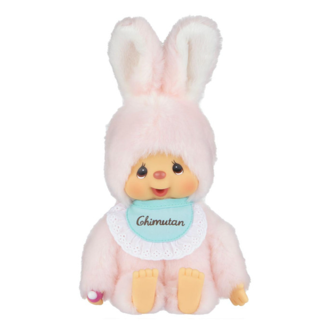 Plush toy with a pink bunny costume and 'Chimutan' bib on a white background