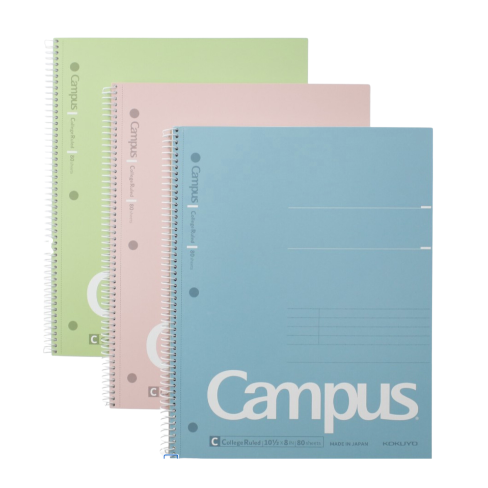 Three notebooks in green, pink, and blue with 'Campus' branding on a white background.