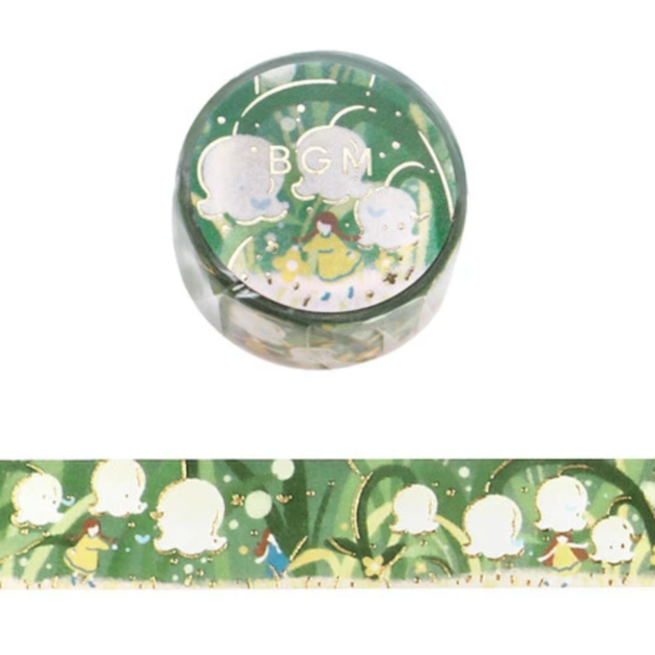 Green decorative tape with cartoon characters and 'BGM' text on a white background