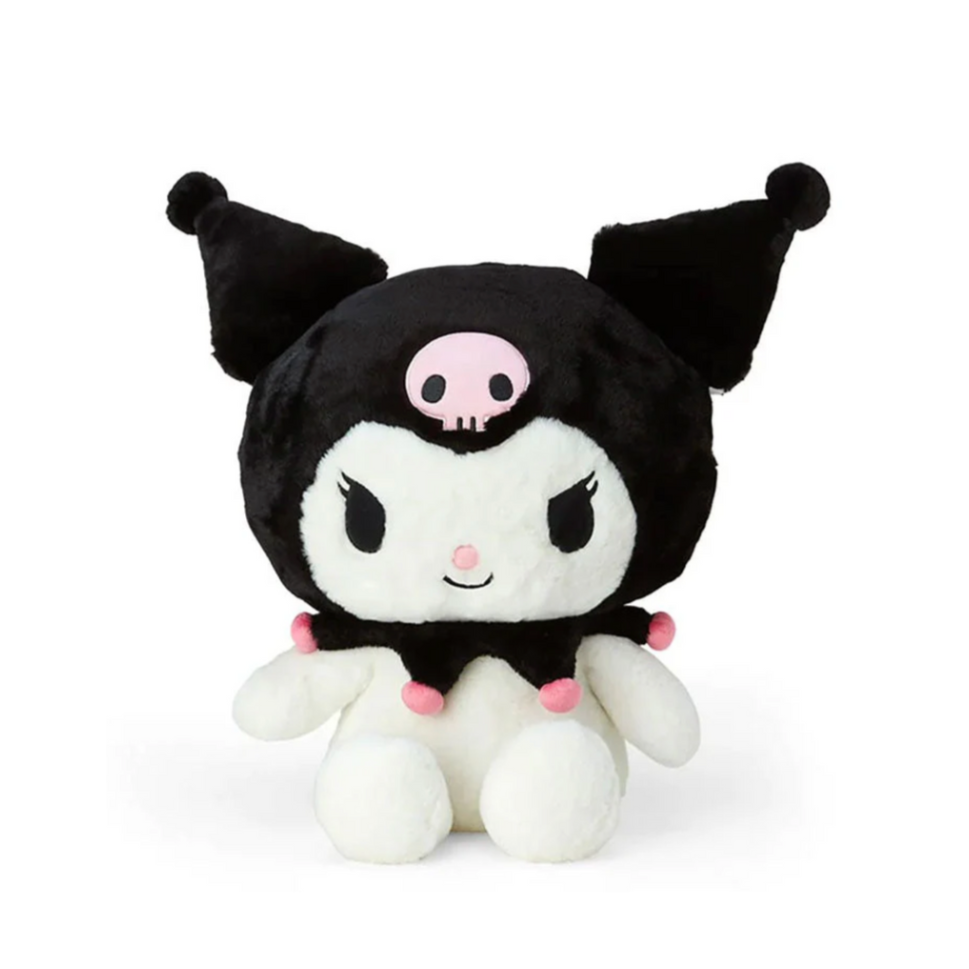 A plush toy of Kuromi, featuring a predominantly black costume with white and pink accents, seated against a white background.