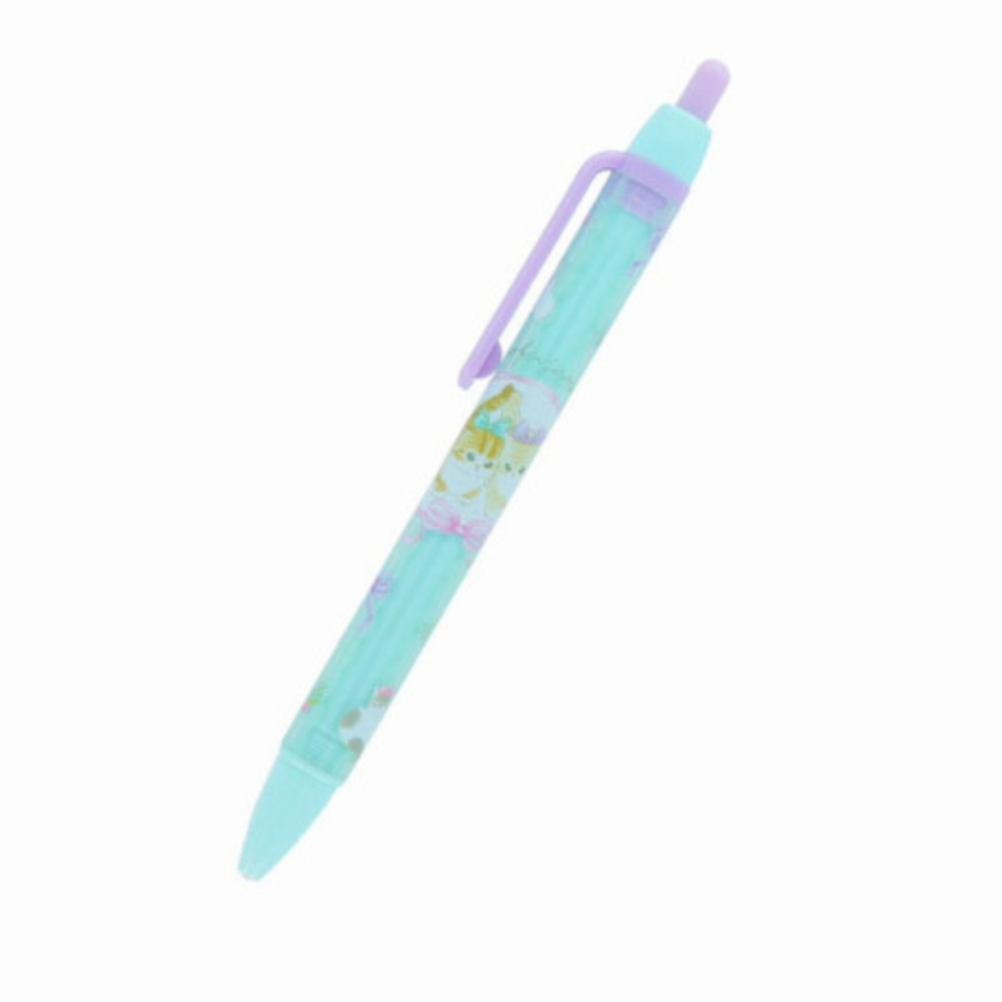 A mechanical pencil with a light blue body and purple ribbon detail, lead size 0.5mm, made in Japan.