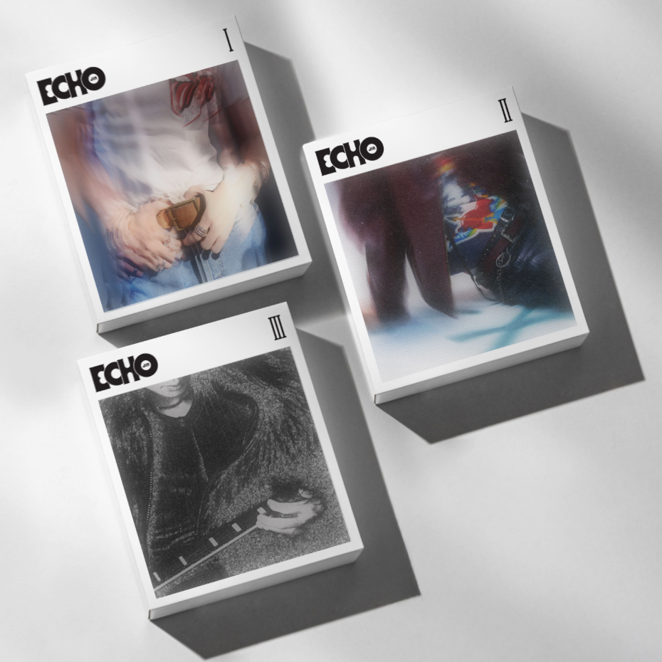 Three 'Echo' branded boxes with artistic images on a gray background