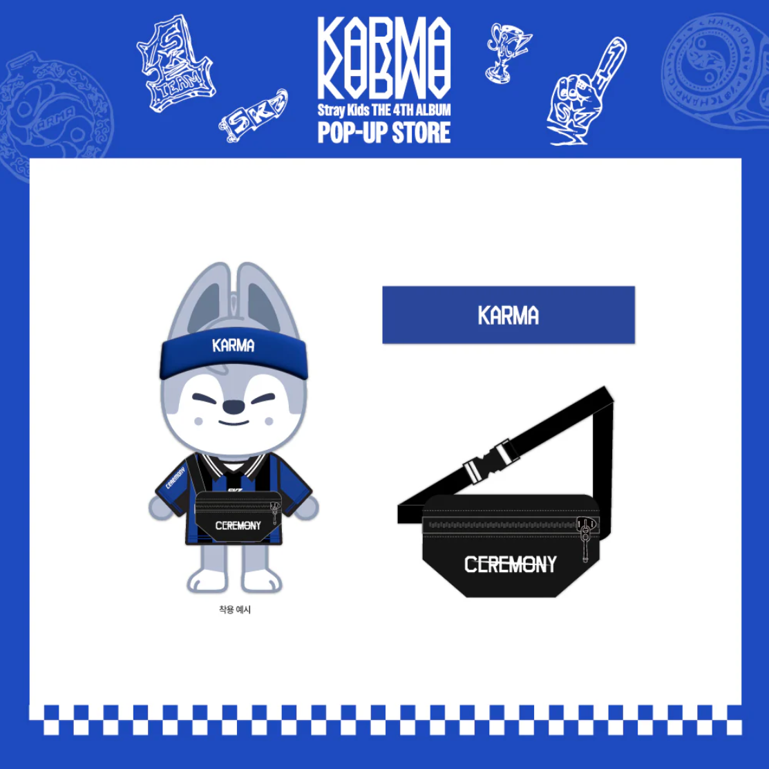 Karma character and black bag with 'Ceremony' text on a blue and white checkered background