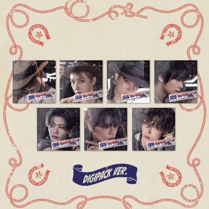 Album cover with multiple photos of a members wearing hats on a decorative background