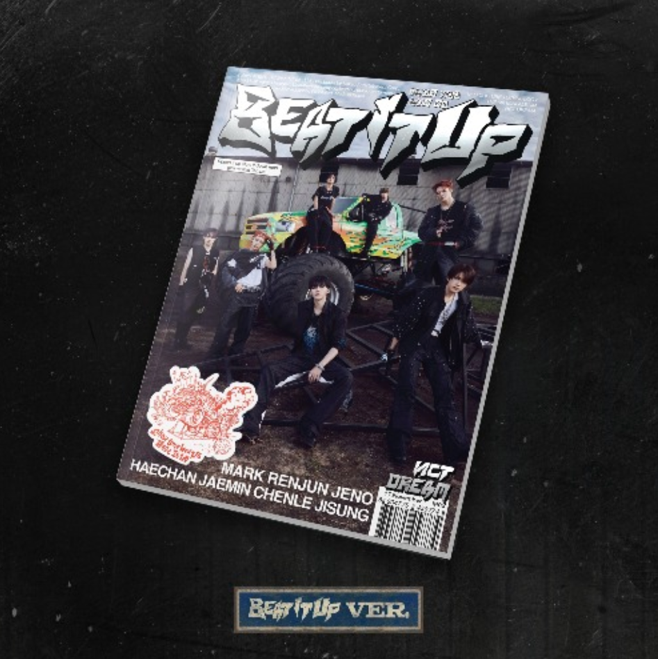 Music album for a music group with 'Beat it UP' text and images on a dark background