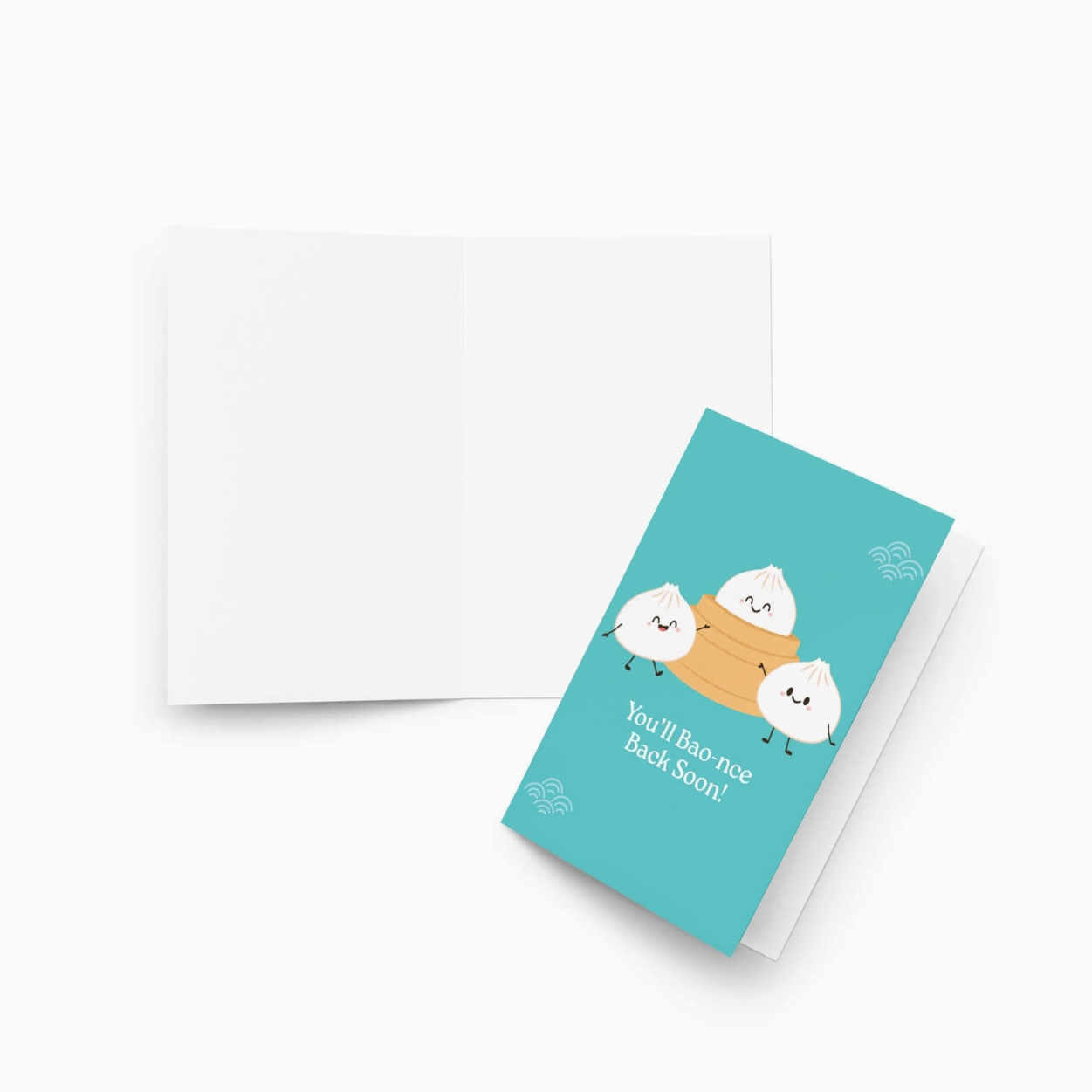 Teal greeting card with bao bun cartoon characters and text on a white background