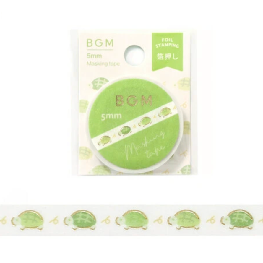 Green washi tape with turtle design and BGM branding on a white background