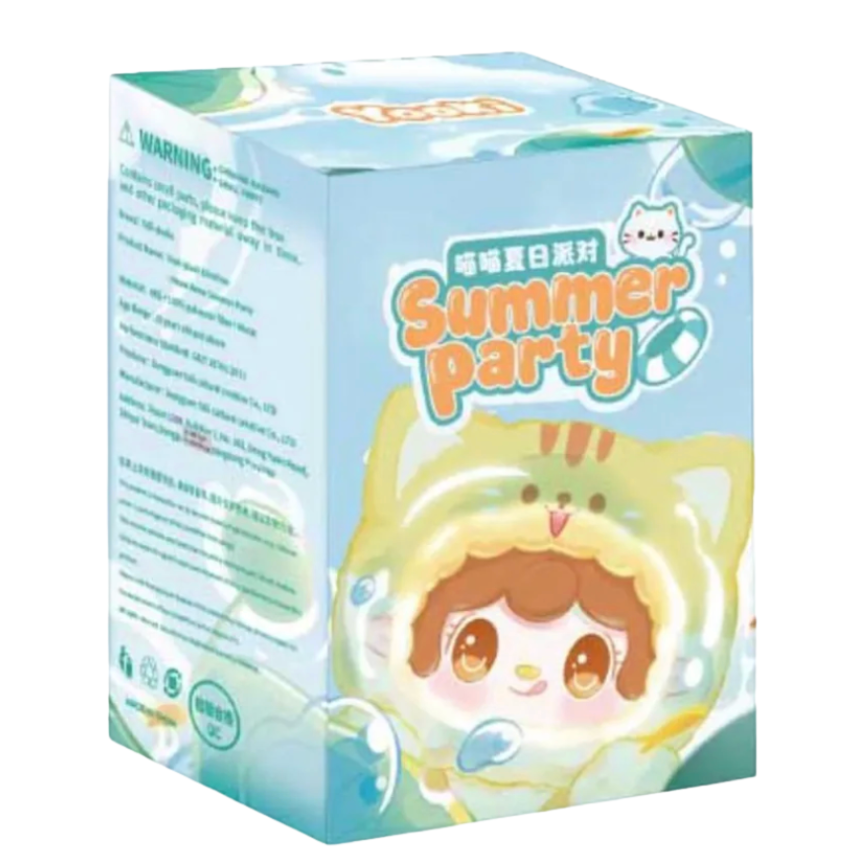 Box with Yooki cartoon character and 'Summer party' text on a light blue background