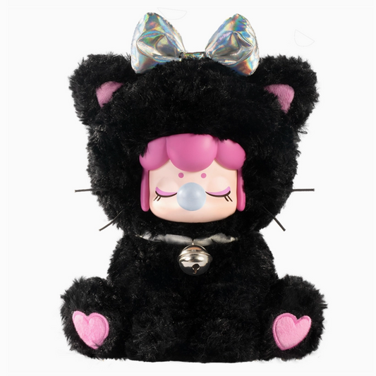 Nanci character dressed in Black cat costume plush toy with pink accents and a shiny bow on a white background