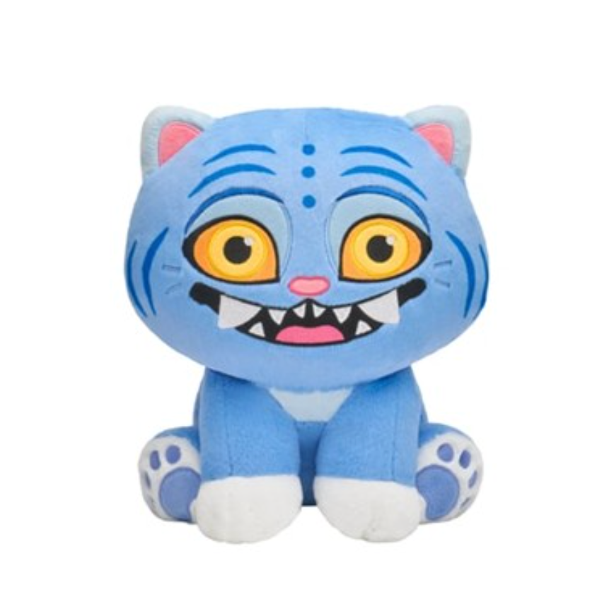 Blue Derpy cartoon plush toy with yellow eyes and a wide smile on a white background