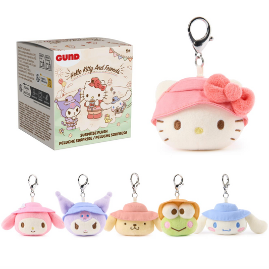 Plush keychains and packaging of Hello Kitty and Friends on a white background