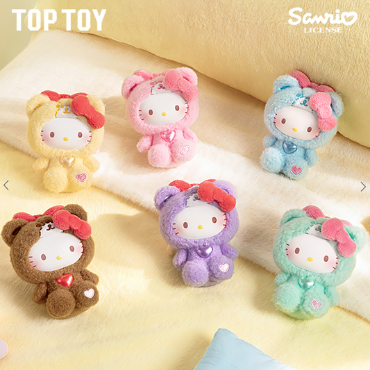 Set of colorful Hello Kitty plush toys in various animal costumes on a soft surface.