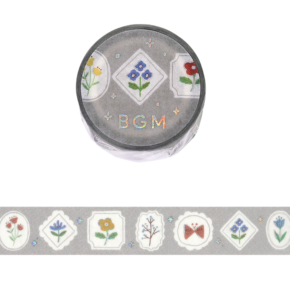 Masking tape with floral designs and 'BGM' branding on a white background