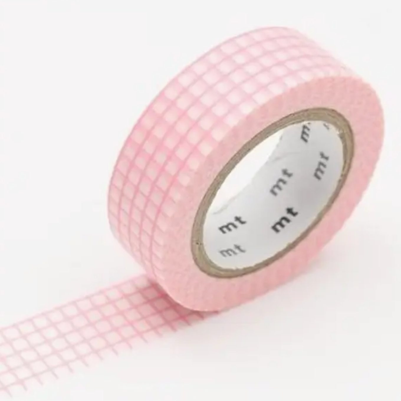 Pink grid-patterned tape with 'mt' branding on a white background