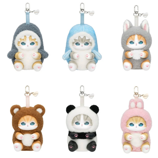 Set of six cute Mofusand animal plush keychains in various costumes on a white background