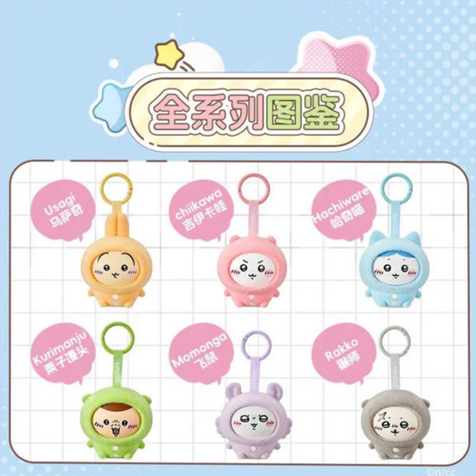Set of cartoon character keychains on a blue background with text labels.