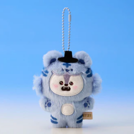 Plush keychain with a blue and white design on a light blue background