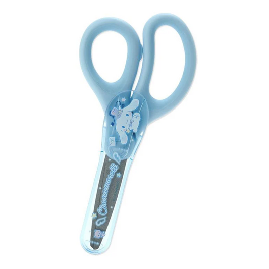 Pair of light blue children's scissors with a cartoon character on a white background