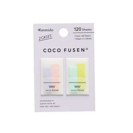 Packaging of COCO FUSEN sticky notes with two cases on a white background