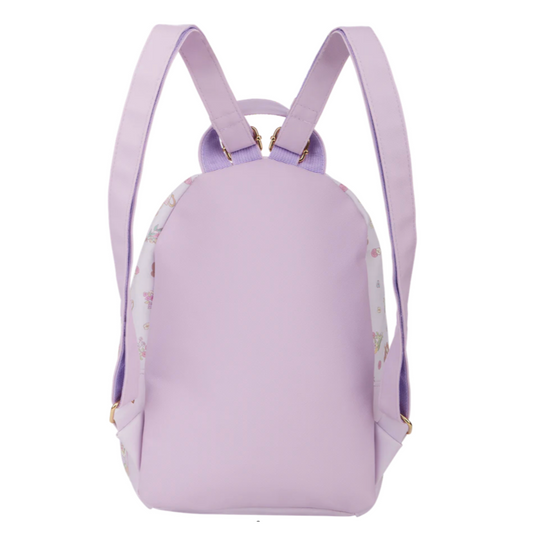 Lavender backpack with floral patterns on a white background