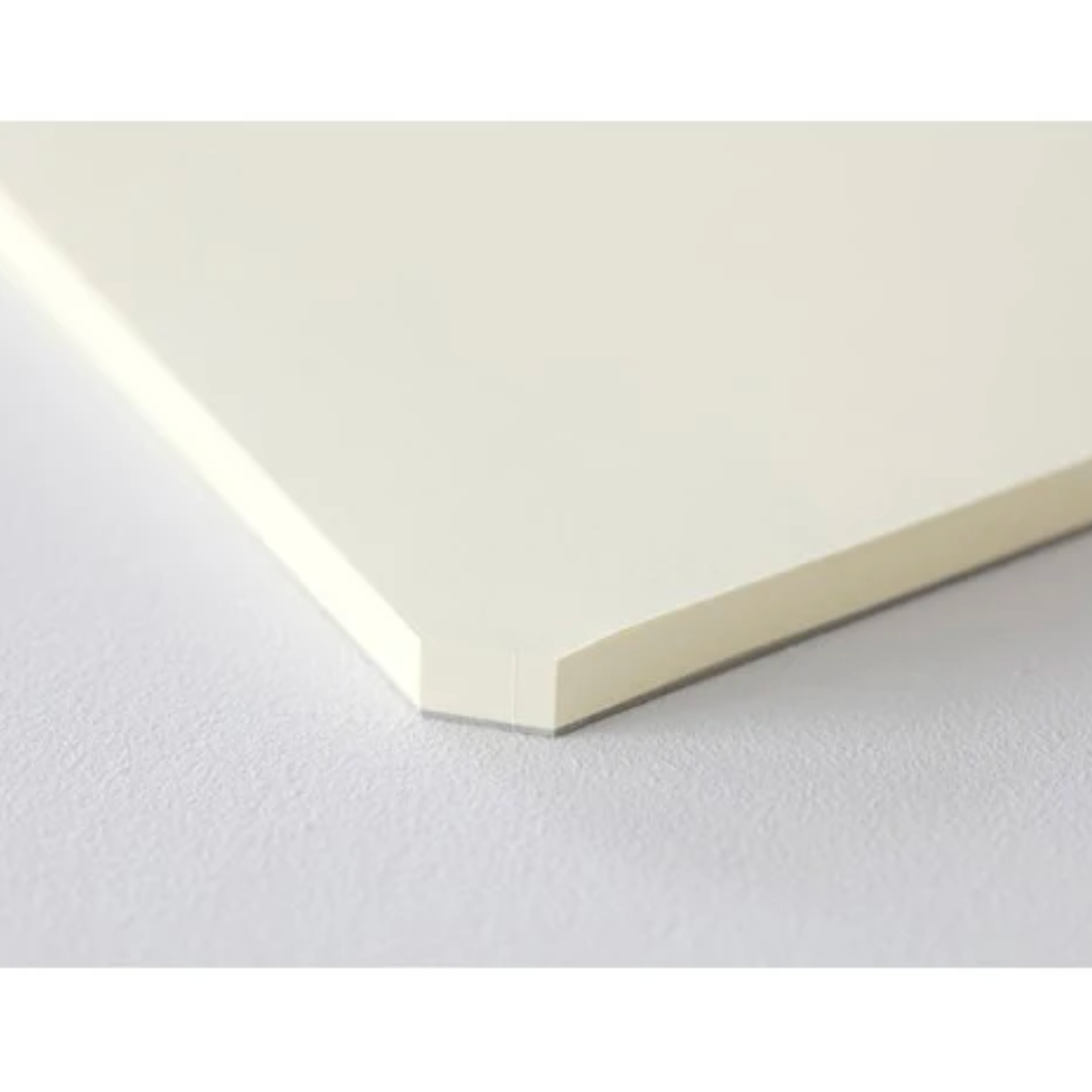 White rectangular paper pad on a light gray surface