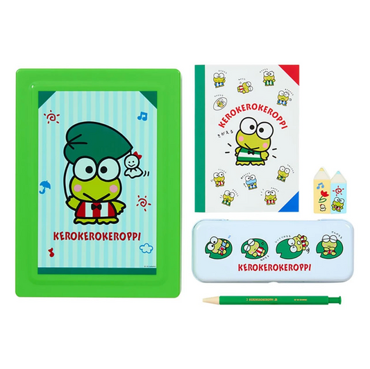 Kerokerokeroppi stationery set with notebook, pencil case, and pencil on a white background