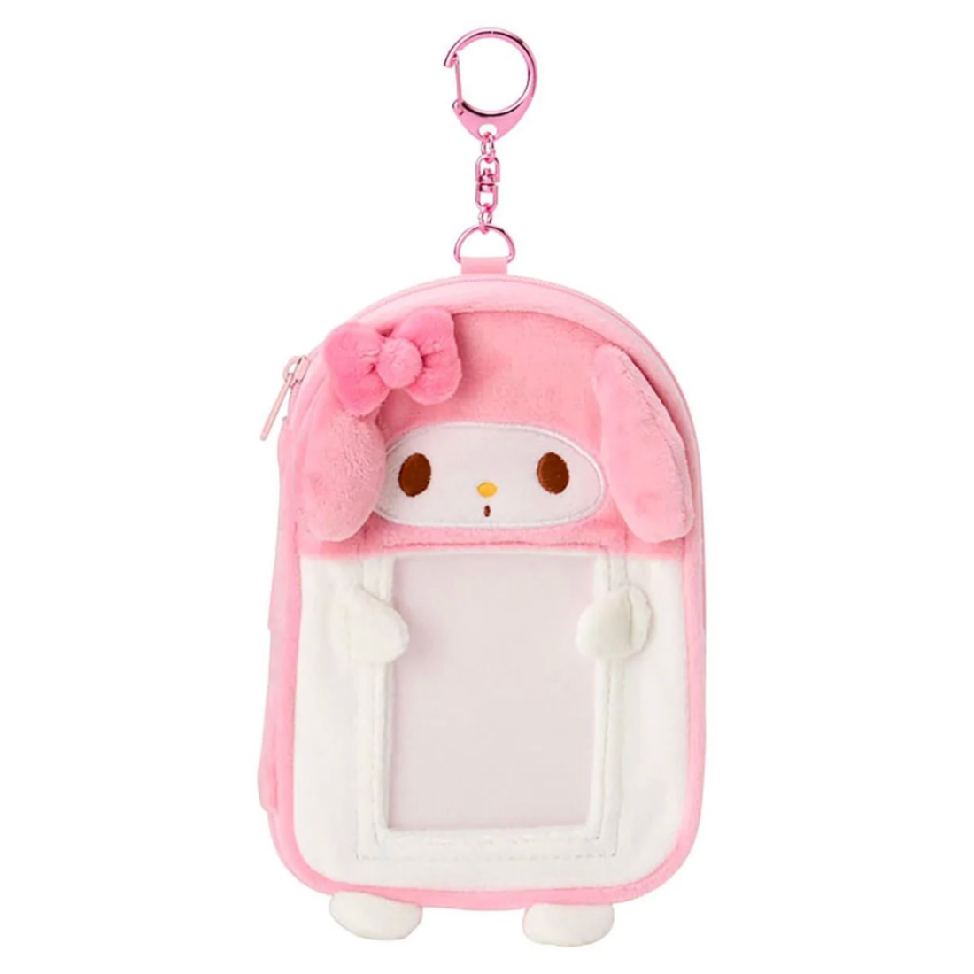 Pink plush keychain with a character design on a white background
