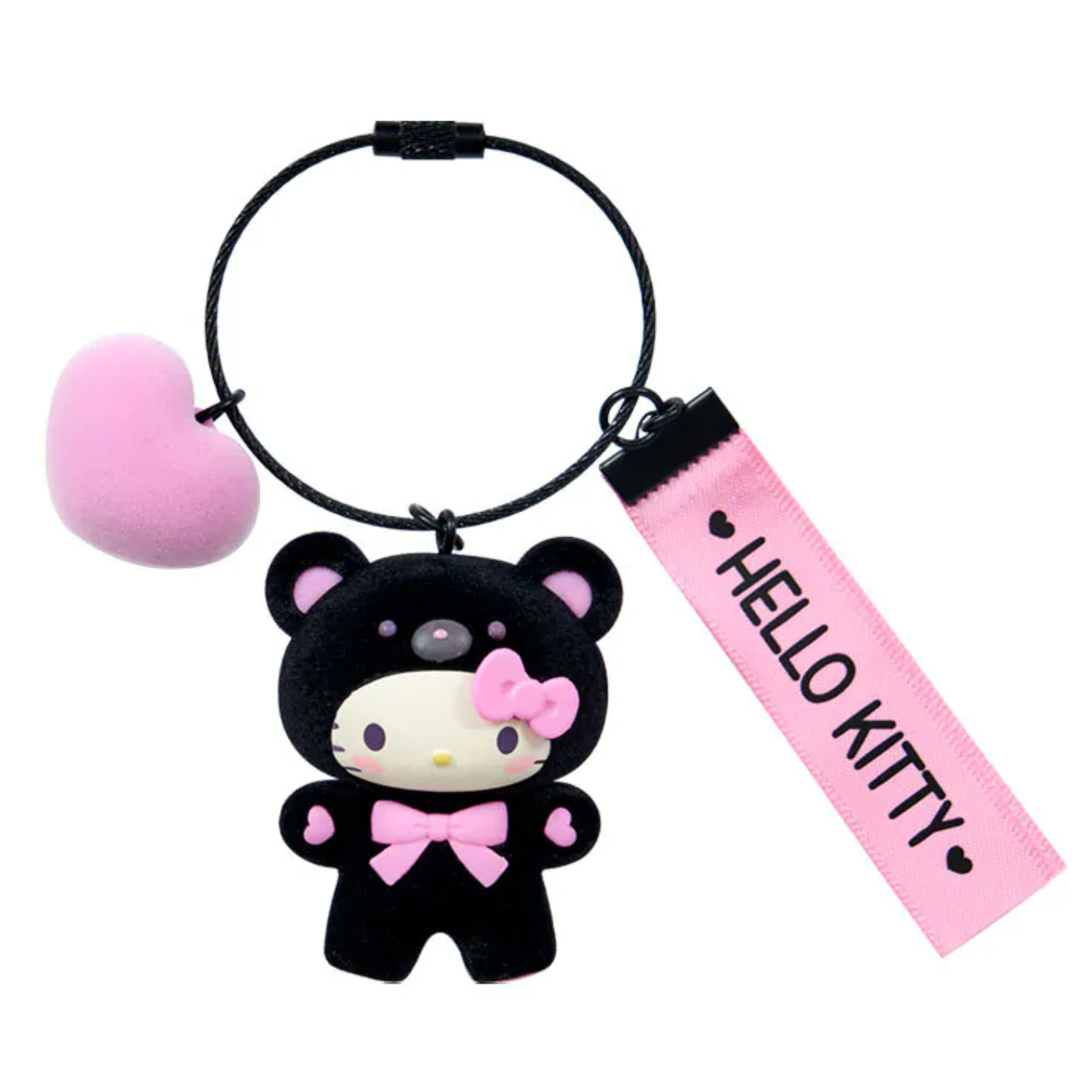 Keychain with a black bear character wearing a pink bow and 'Hello Kitty' tag on a white background