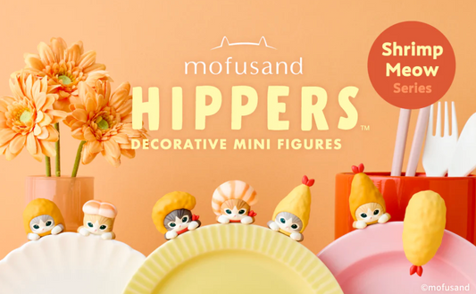 Decorative mini figures from the Shrimp Meow series by mofusand on a peach background with flowers and kitchen items.