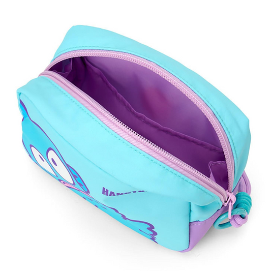 Light blue pencil case with purple interior and zipper on a white background